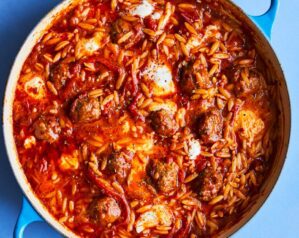 Harissa meatball orzo