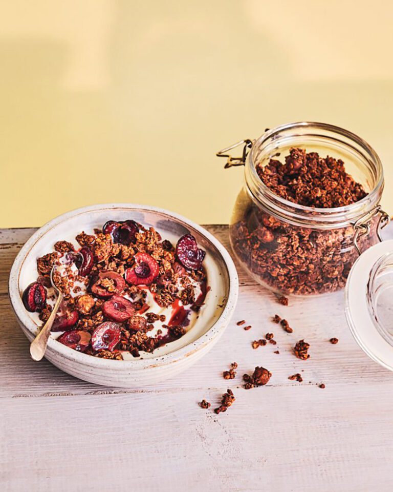 Roasted cherries with cocoa and hazelnut granola