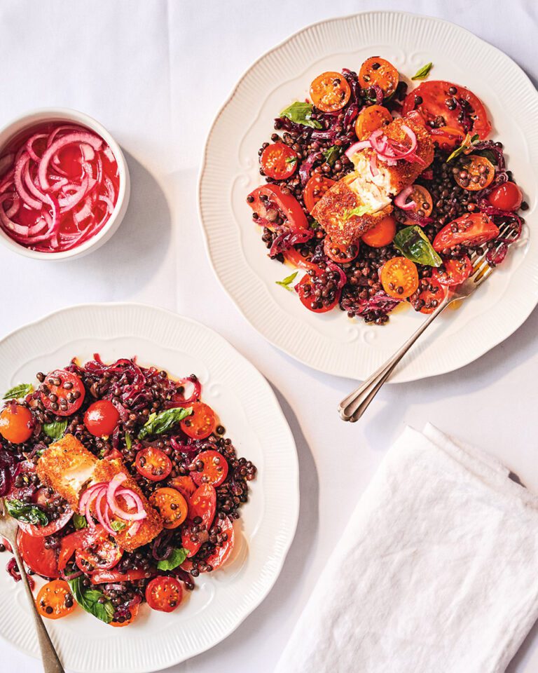 Puy lentil and tomato salad with jammy onions and crispy feta