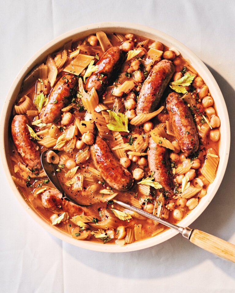 Sausages with braised celery and chickpeas