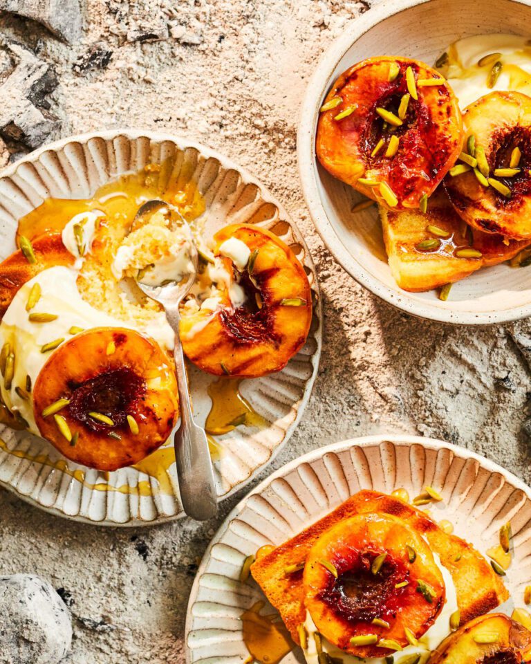 Grilled peaches with rose-scented madeira cake