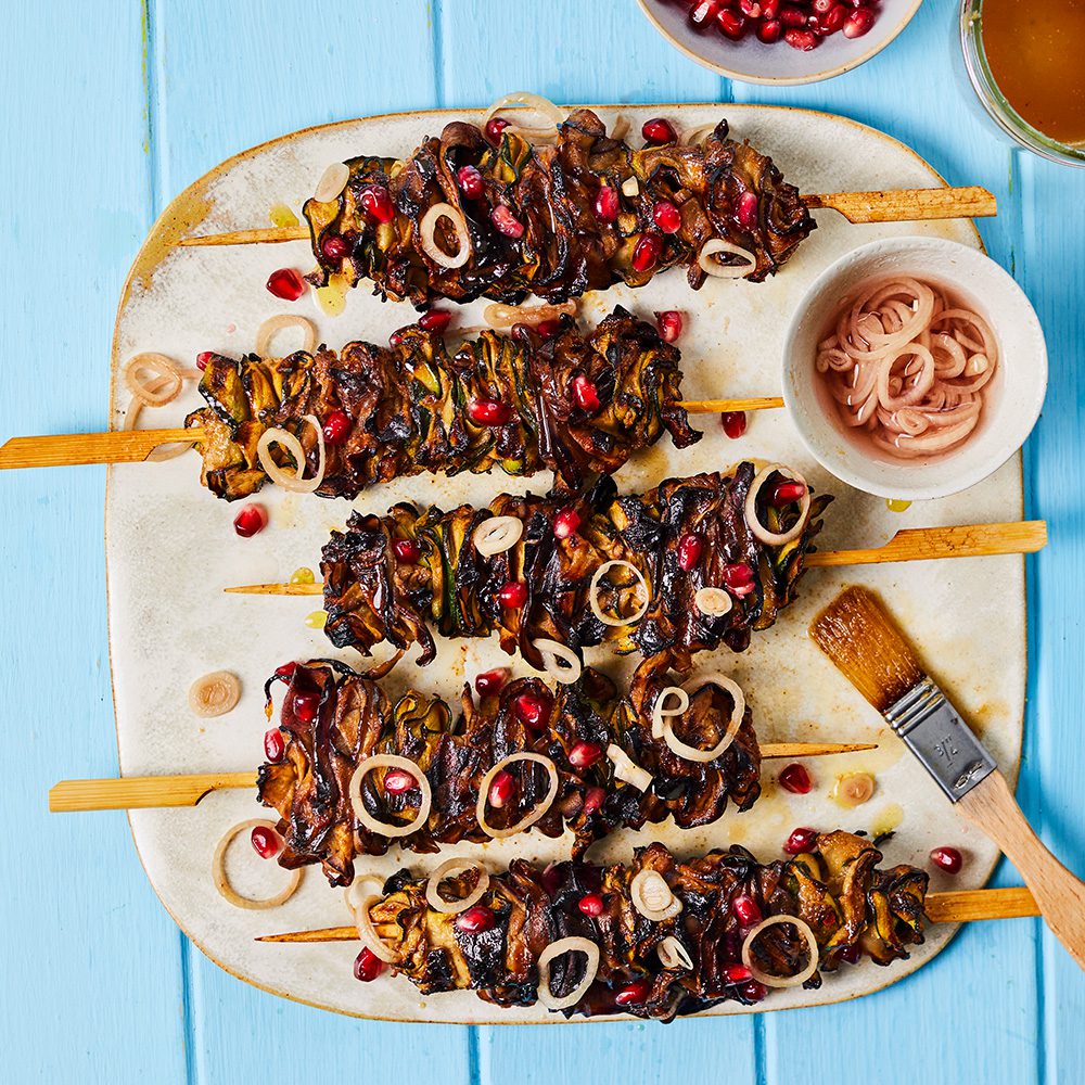 Aubergine and courgette shawarma skewers