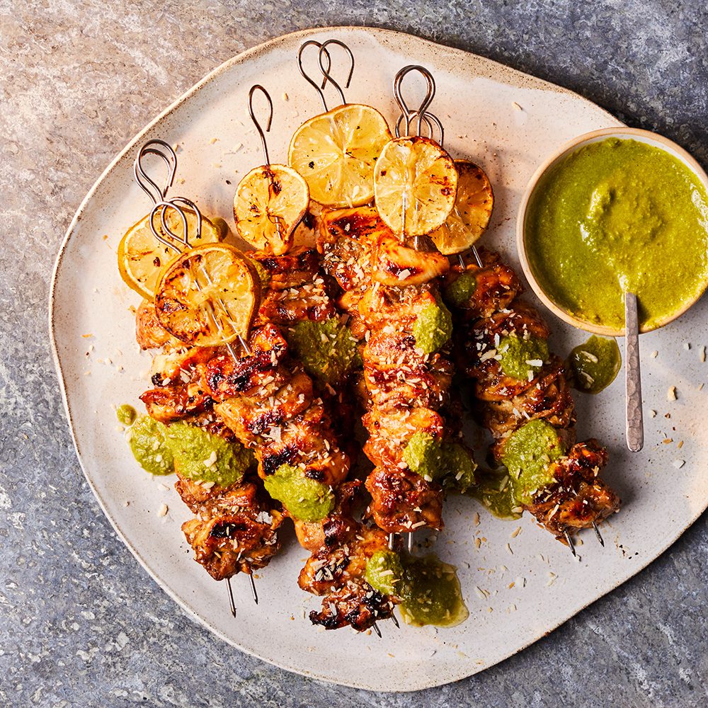 Tamarind chicken skewers with coriander chutney