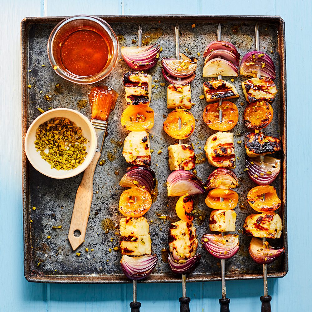 Halloumi, apricot and pistachio skewers