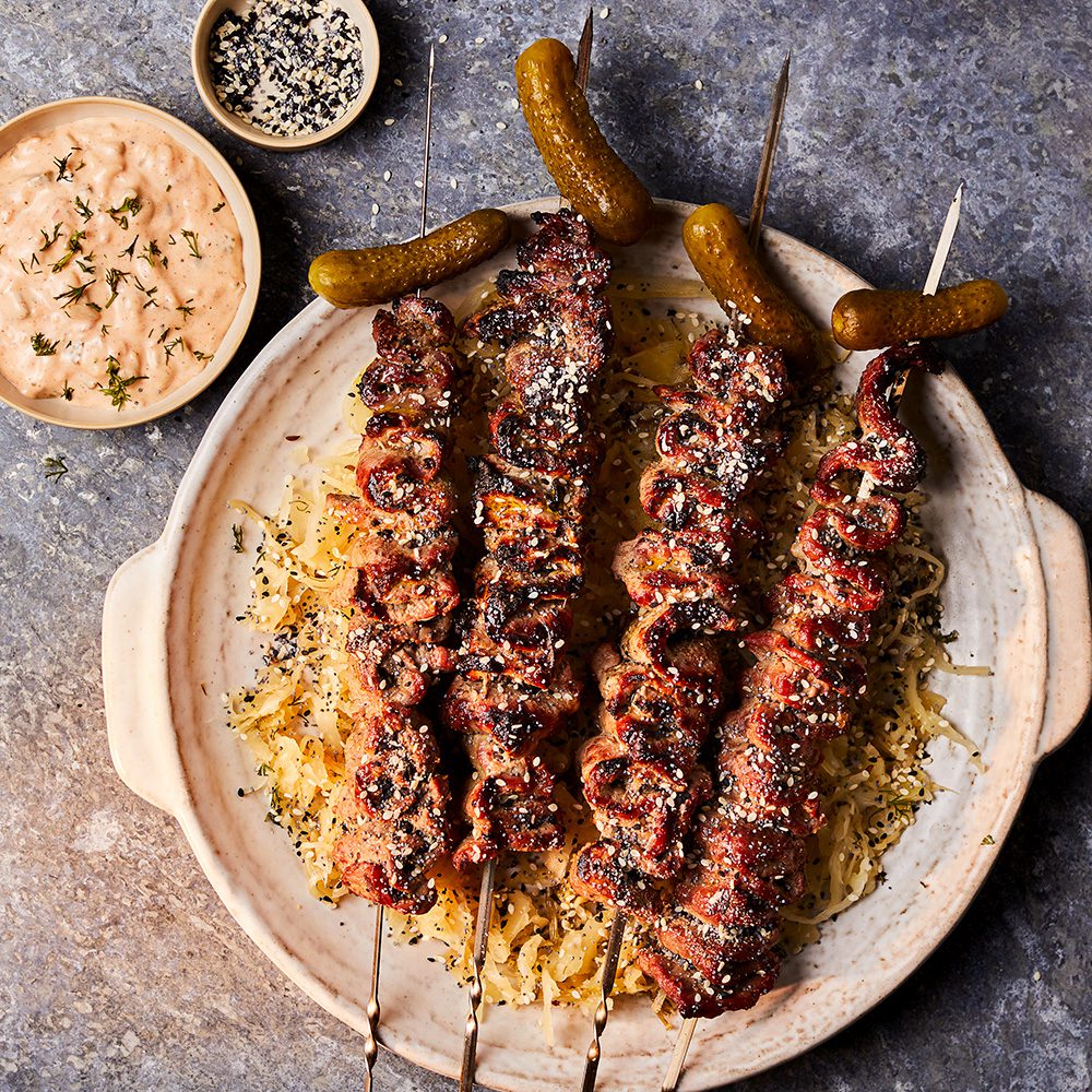 Reuben steak skewers with sauerkraut