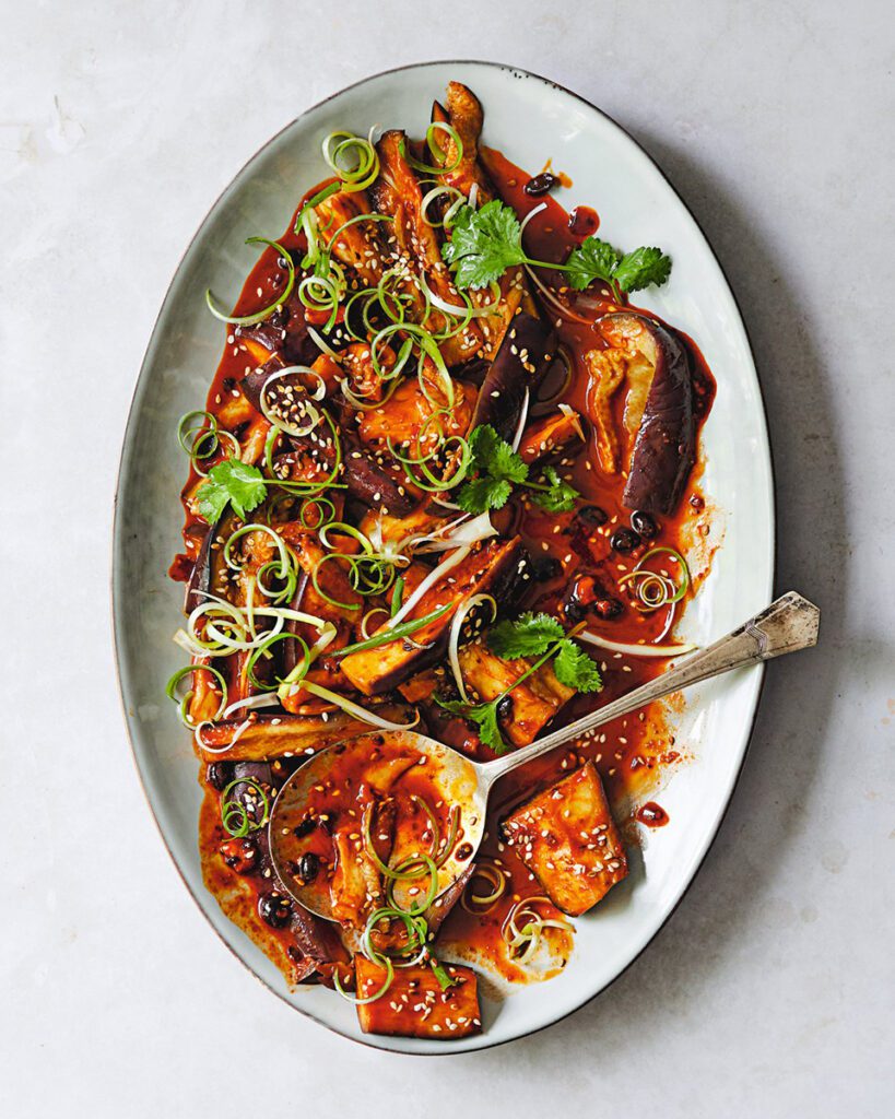 Steamed aubergine in a peanut and chilli dressing