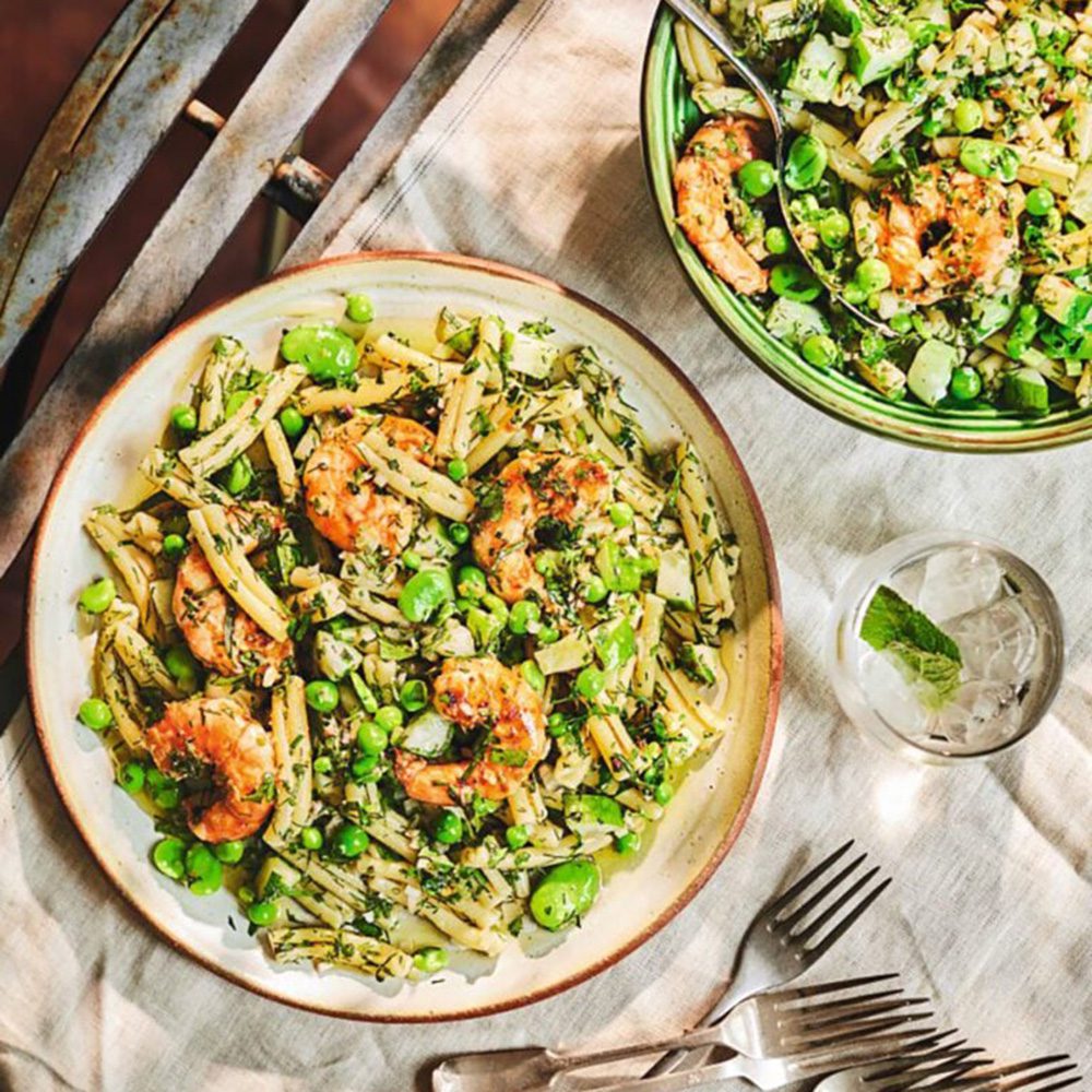 Pink and green prawn and pasta salad