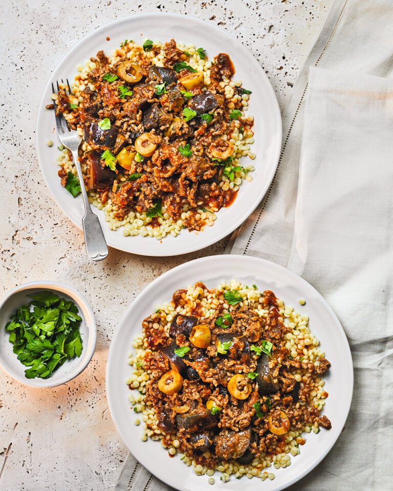 Lamb, aubergine and olive stew with couscous