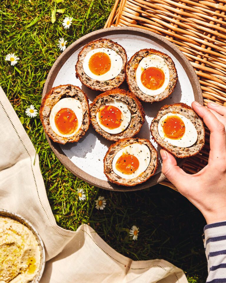 Pickled walnut scotch eggs