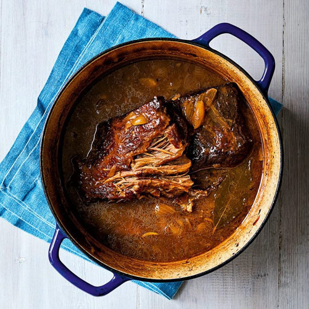 Pot-roast beef brisket with ale and onions