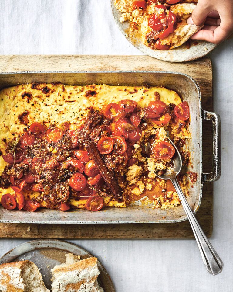 Baked ricotta with cherry tomatoes, chilli and sesame