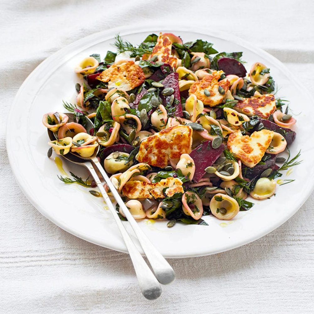 Pasta salad with halloumi, chard and beetroot