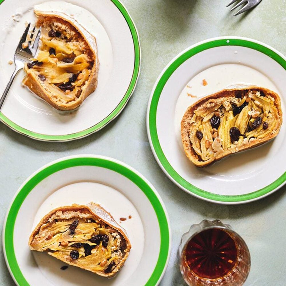 Strudel di mele (Italian apple strudel), sliced on three plates