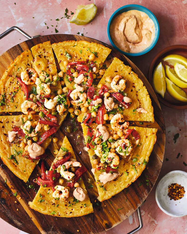 Socca (or farinata) with prawns, chickpeas and peppers