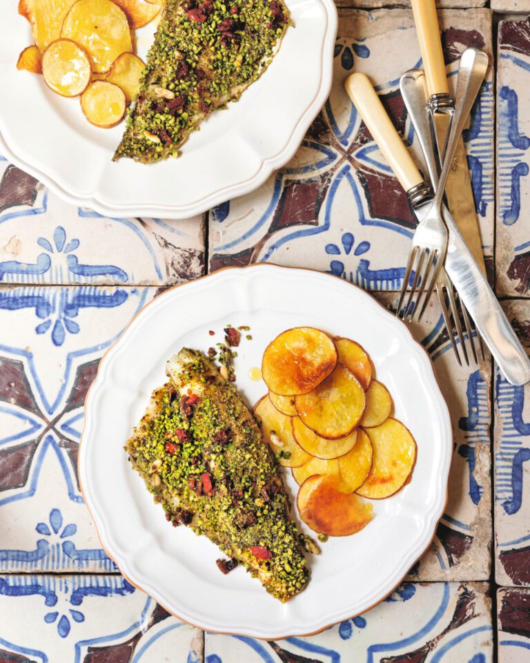 Sea bass with pistachios, pine nuts and sun-dried tomatoes