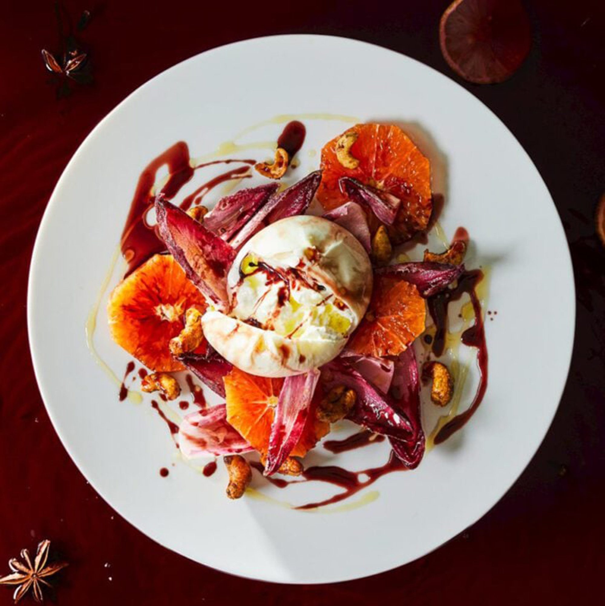 Blood orange, burrata and cashew salad