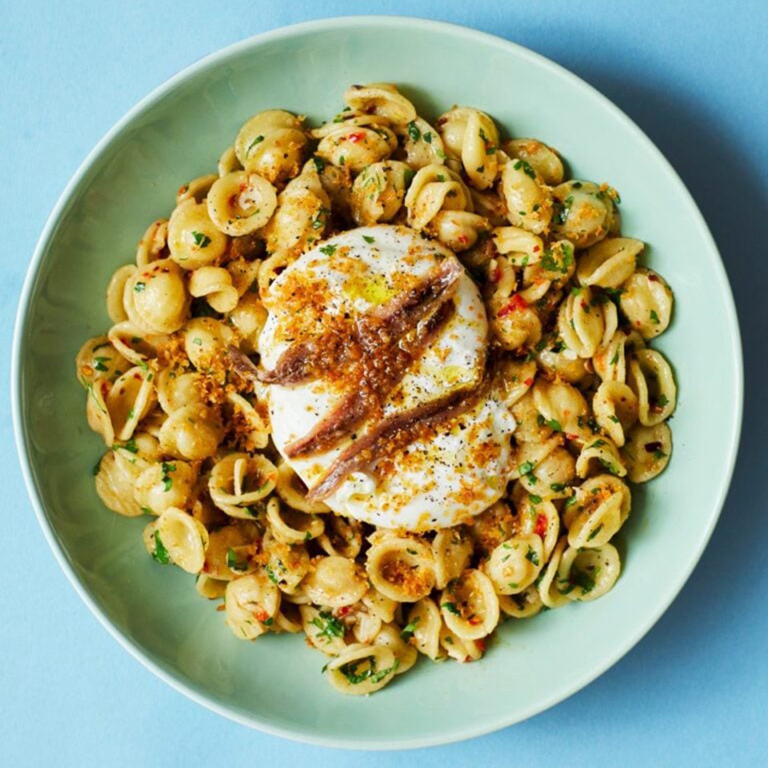 orecchiette with burrata chilli and anchovy