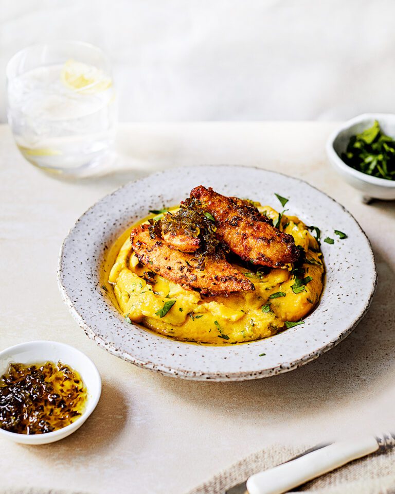 Crispy chipotle chicken with cheesy polenta and jalapeño jam