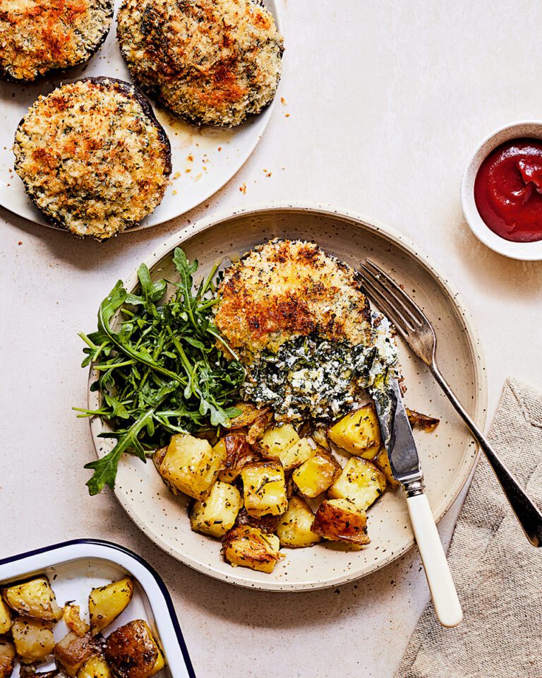 Spinach and ricotta stuffed mushrooms with rosemary potatoes