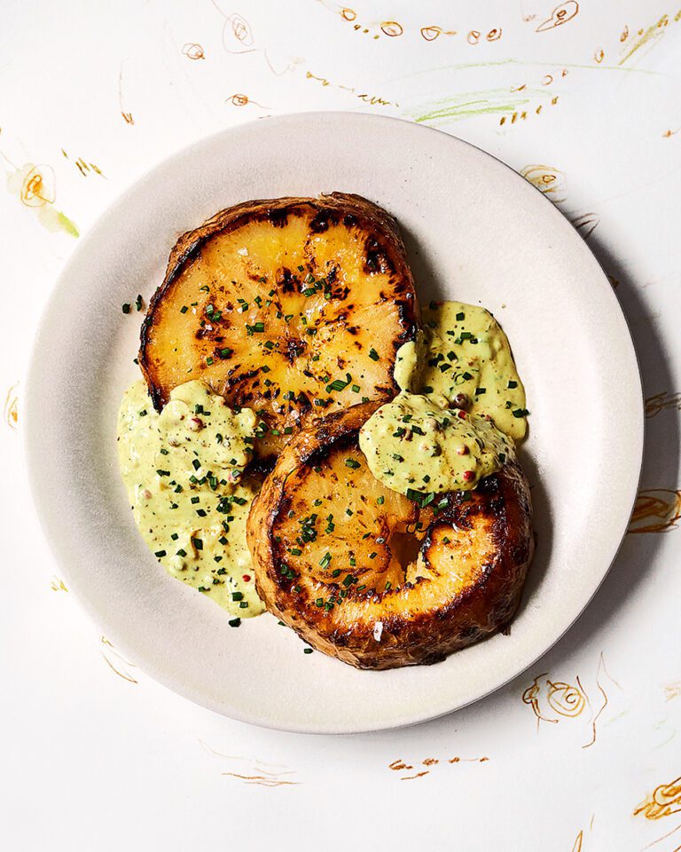 Celeriac steaks with curried pink peppercorn sauce