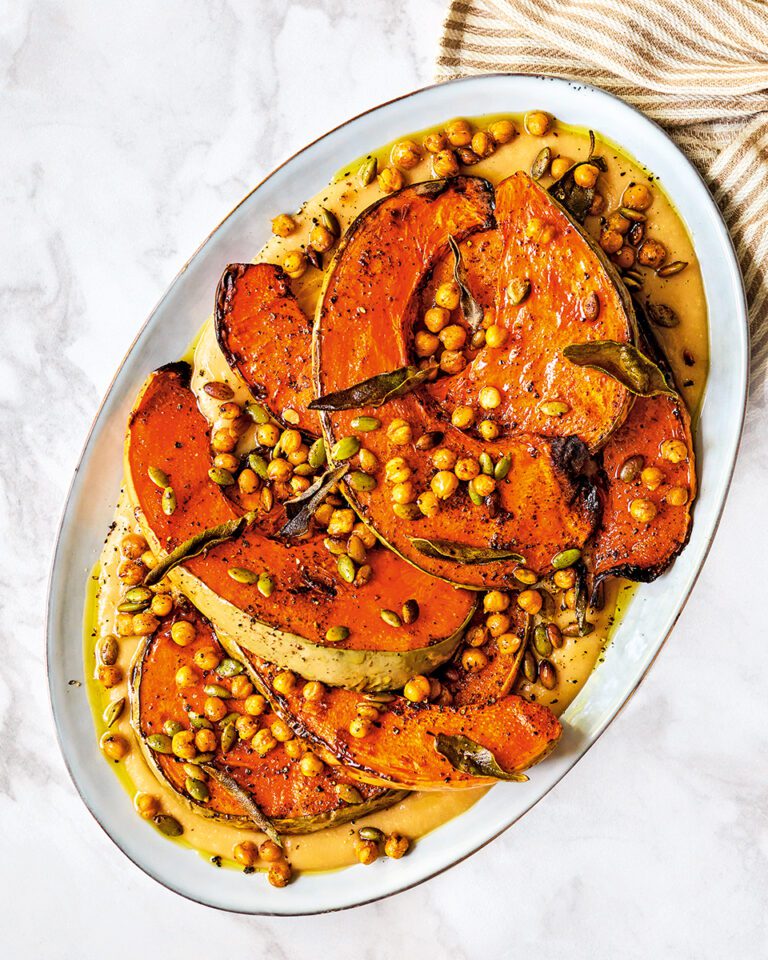 Air fryer pumpkin with creamy beans, crispy chickpeas and sage