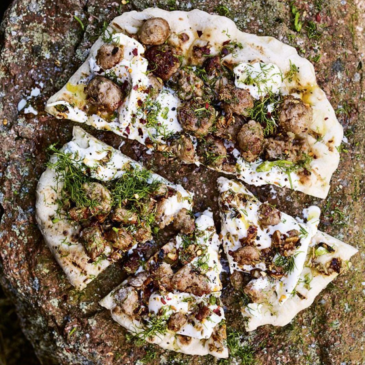 Gill Meller's sausage, fennel and burrata flatbreads