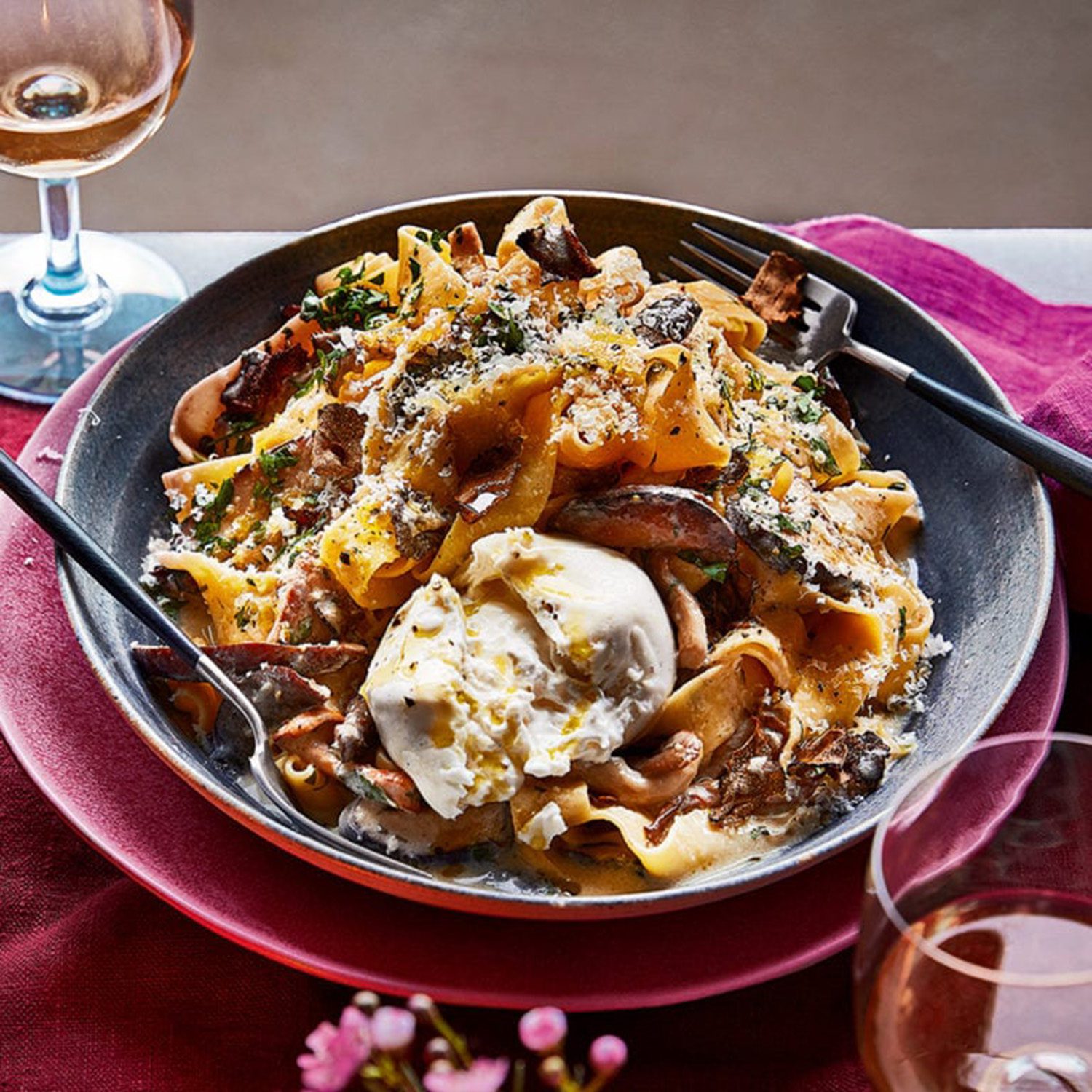 Truffled mushroom pasta with burrata