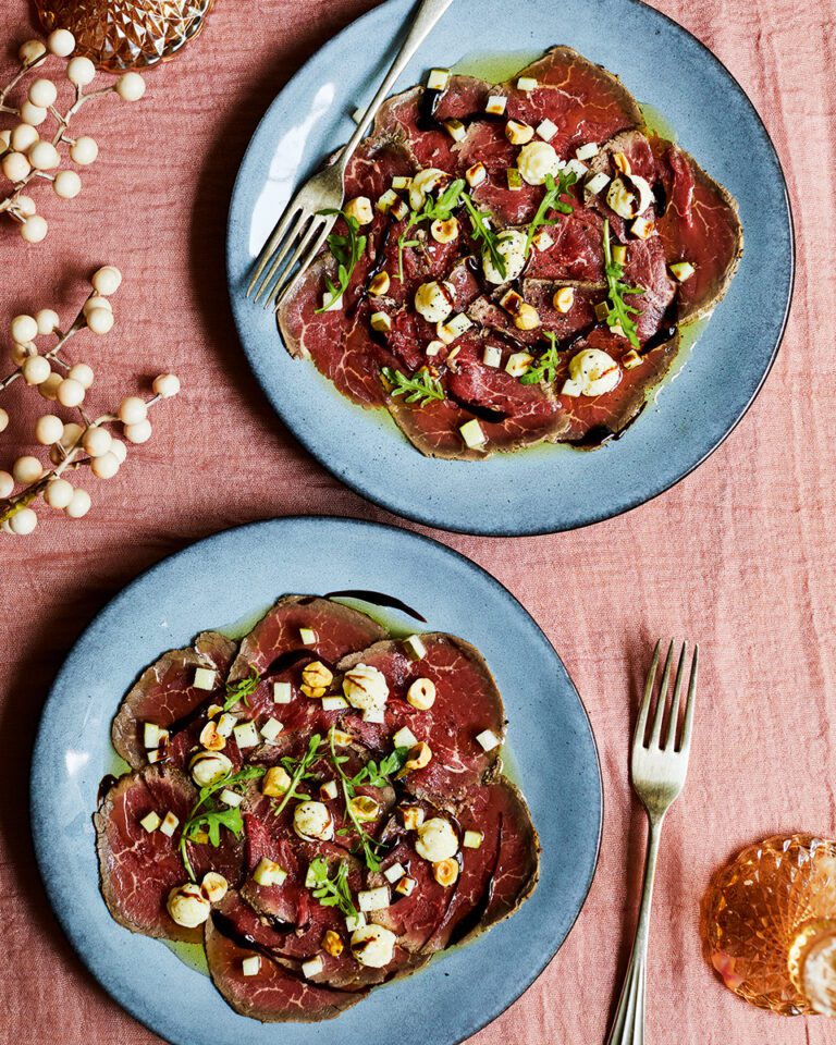 Beef carpaccio with pickled pear and parmesan mayonnaise