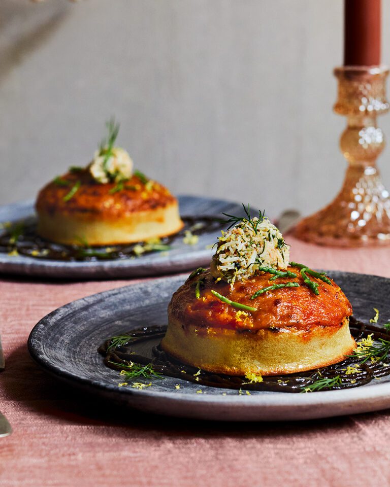 Crab crumpet rarebit with pickled walnut ketchup