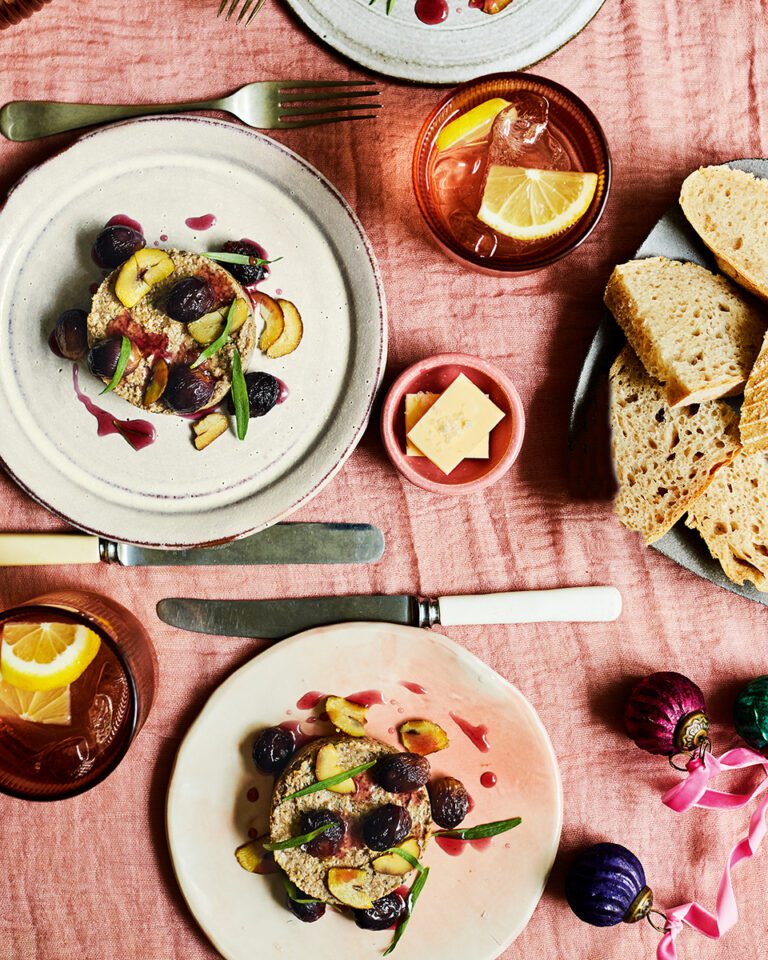 Mushroom and tarragon pâté with roasted grapes and chestnuts