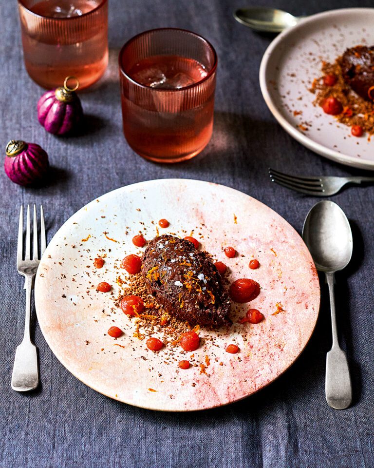 Dark chocolate mousse with blood orange gel and hazelnut crumb