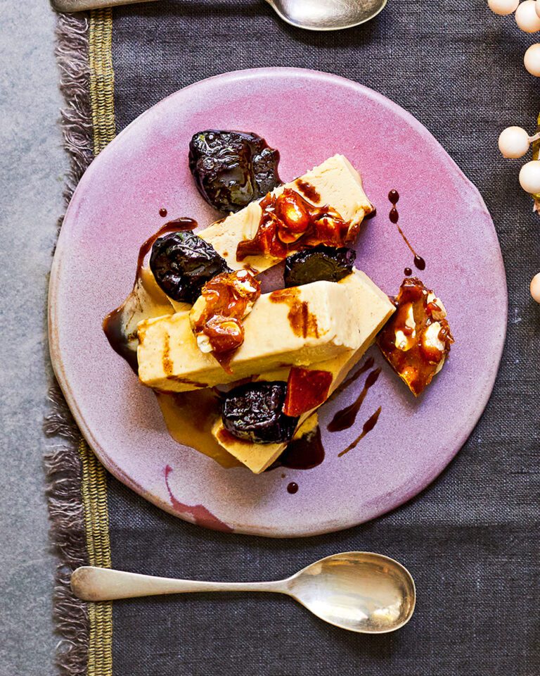 Maple-peanut parfait with peanut brittle and boozy prunes