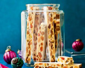 Bejewelled festive torrone (Italian nougat)