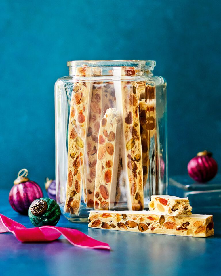 Bejewelled festive torrone (Italian nougat)