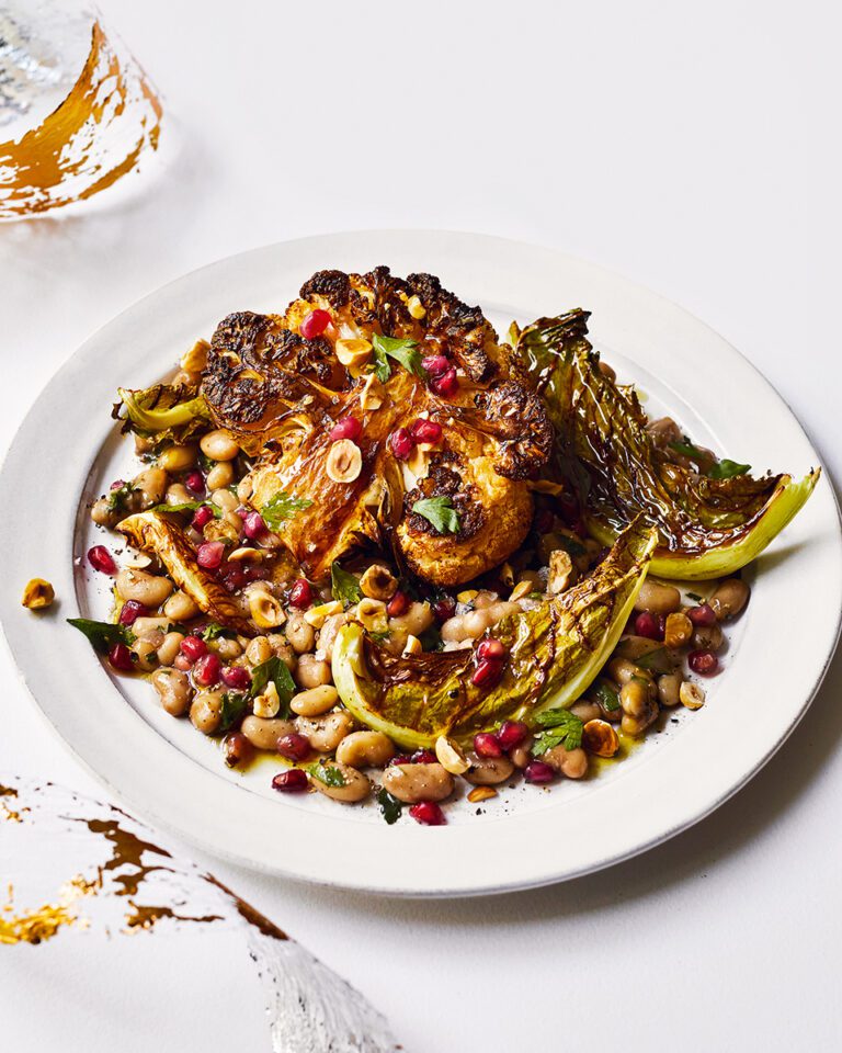 Roasted cauliflower, white bean, hazelnut and pomegranate salad