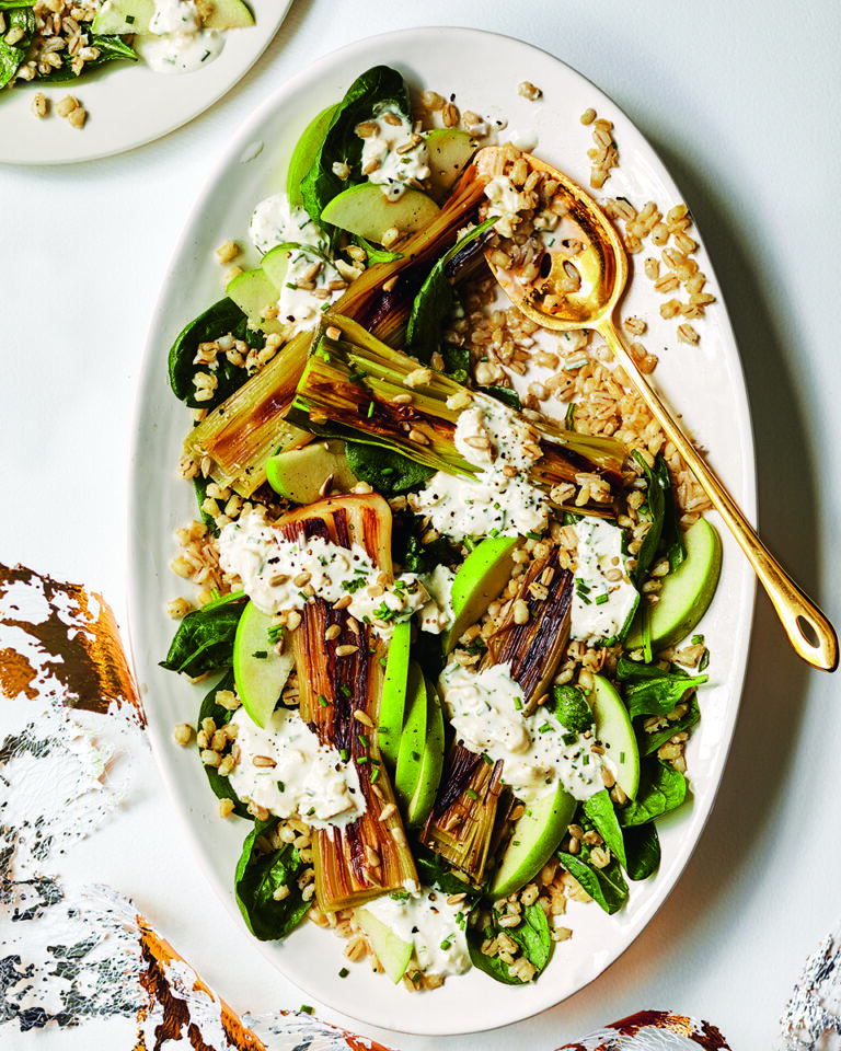 Charred leek, pearl barley and cheshire cheese salad