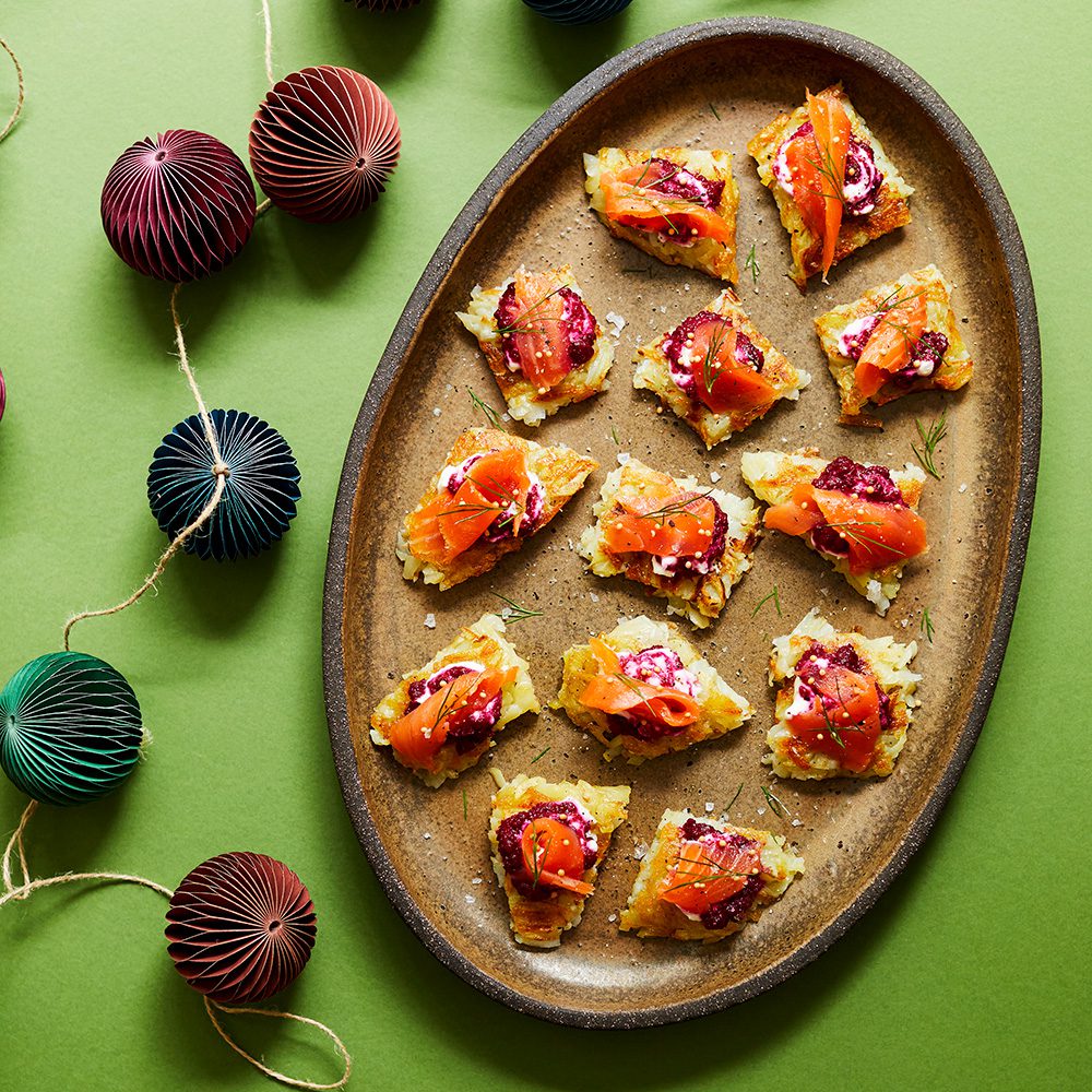 Trout and beetroot rosti canapes